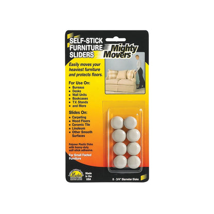 FURNITURE SLIDERS, SELF-ADHESIVE, 3/4" DIA., 8/PK
