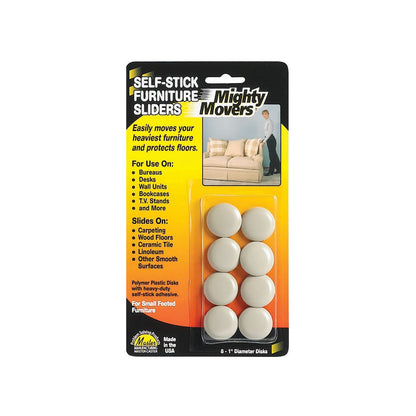 FURNITURE SLIDERS, SELF-ADHESIVE, 1" DIA., 8/PK