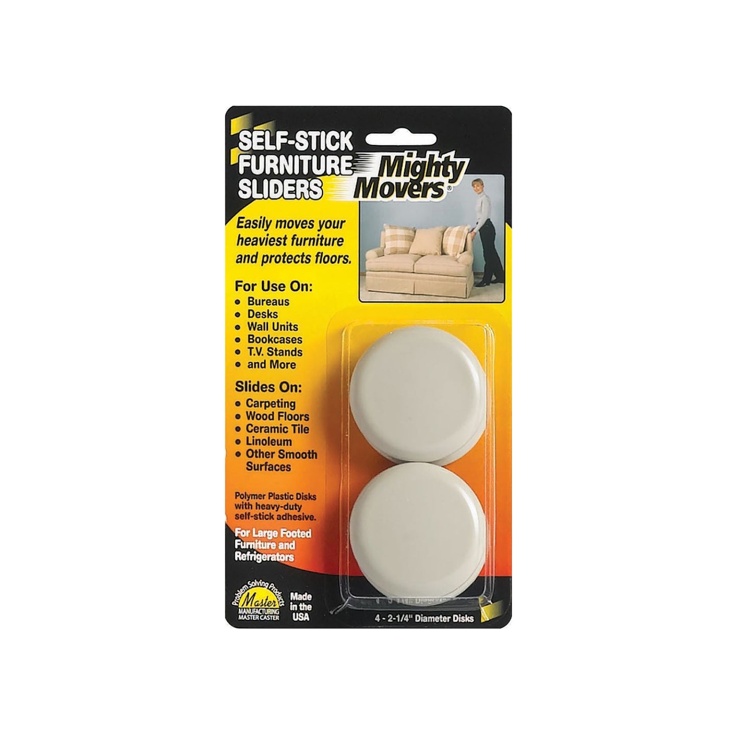 MIGHTY MOVERS® FURNITURE SLIDERS, SELF-ADHESIVE, 2-1/4" DIA., 4/PK