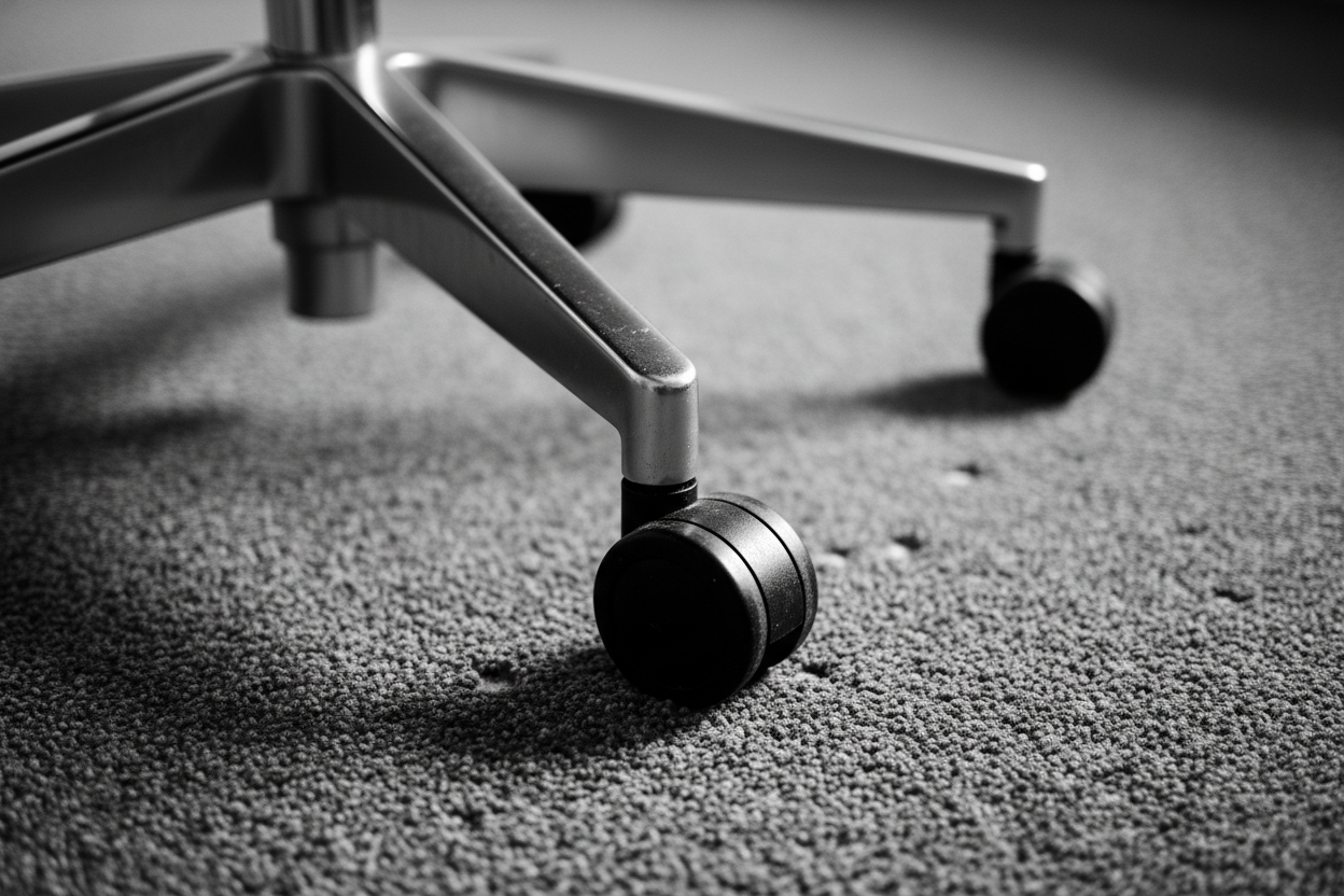 create a black and white image of a close up on the bottom of an office chair with casters on office carpet