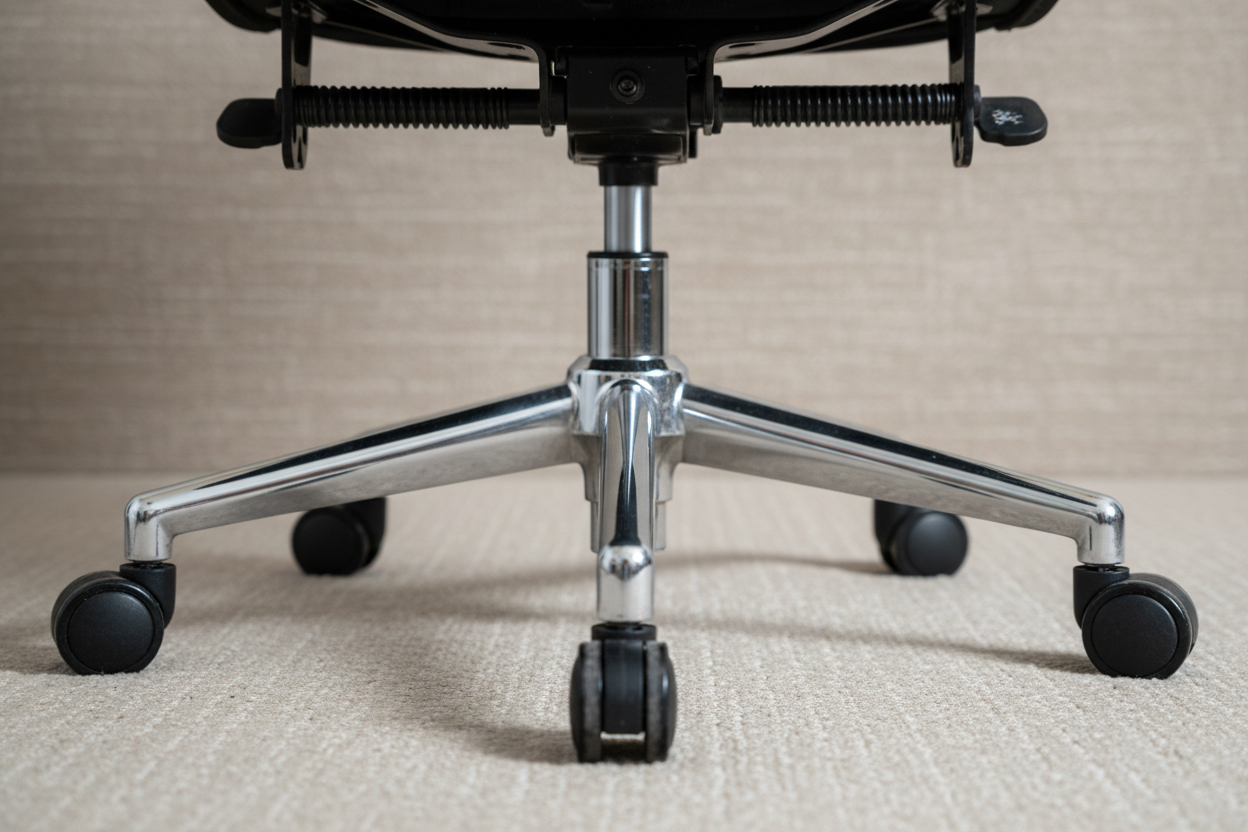 create an image looked at the bottom of an office chair with casters on carpet