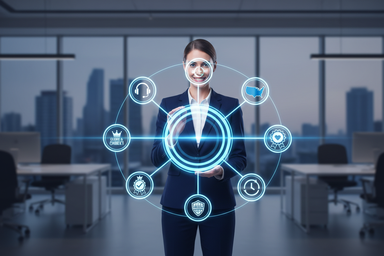 create an image with a person standing holding a virtual wheel with symbols offshooting indicating customer service, USA, loyalty, history, brand, quality