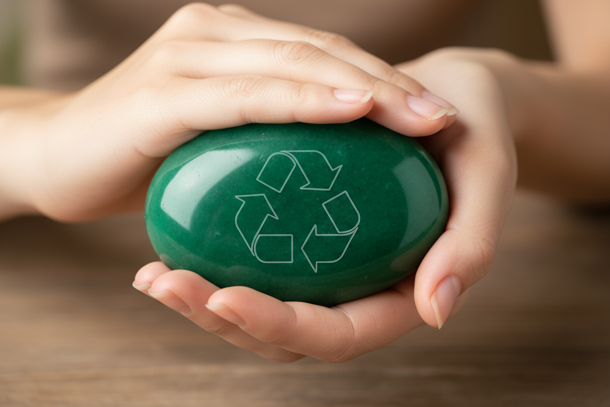create an image with a womans hands holding a green stone with a recycle symbol on it