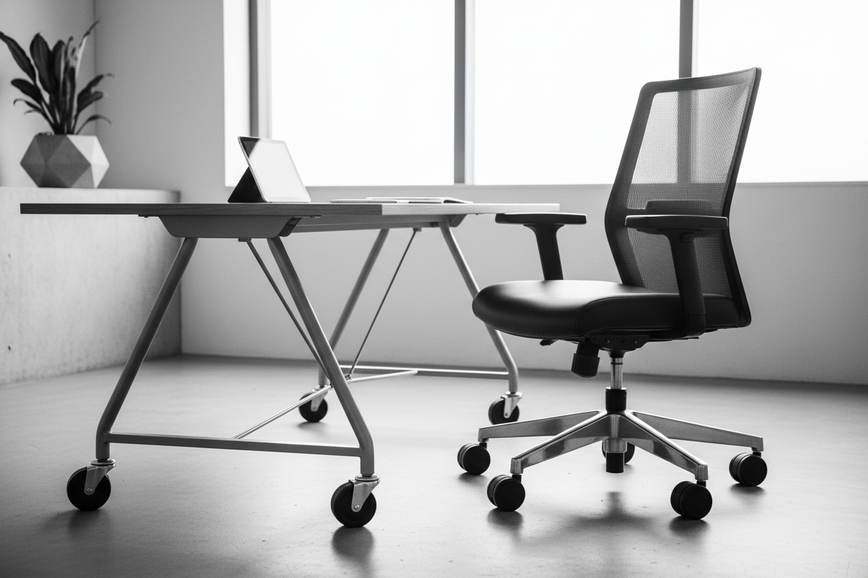 Create black and white image of an office table on casters and an office chair on casters